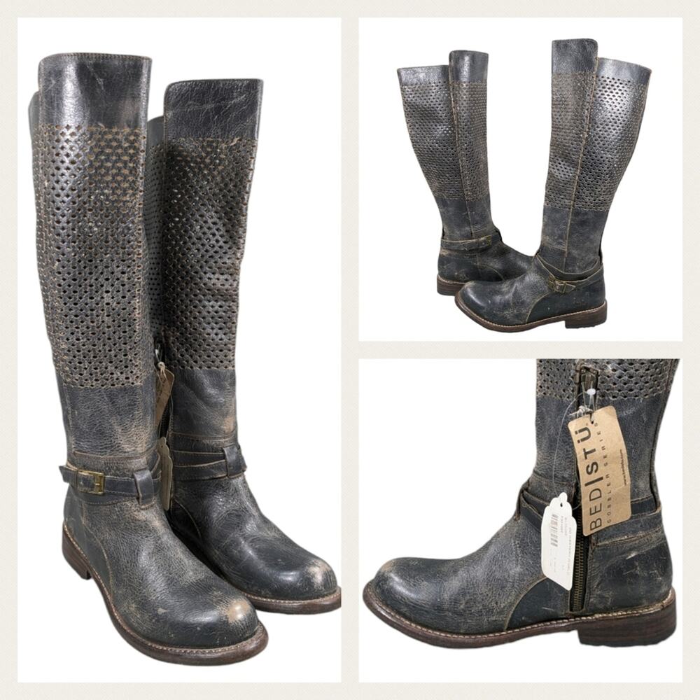 Bed Stu Distressed Black Perforated Tall Riding Boots